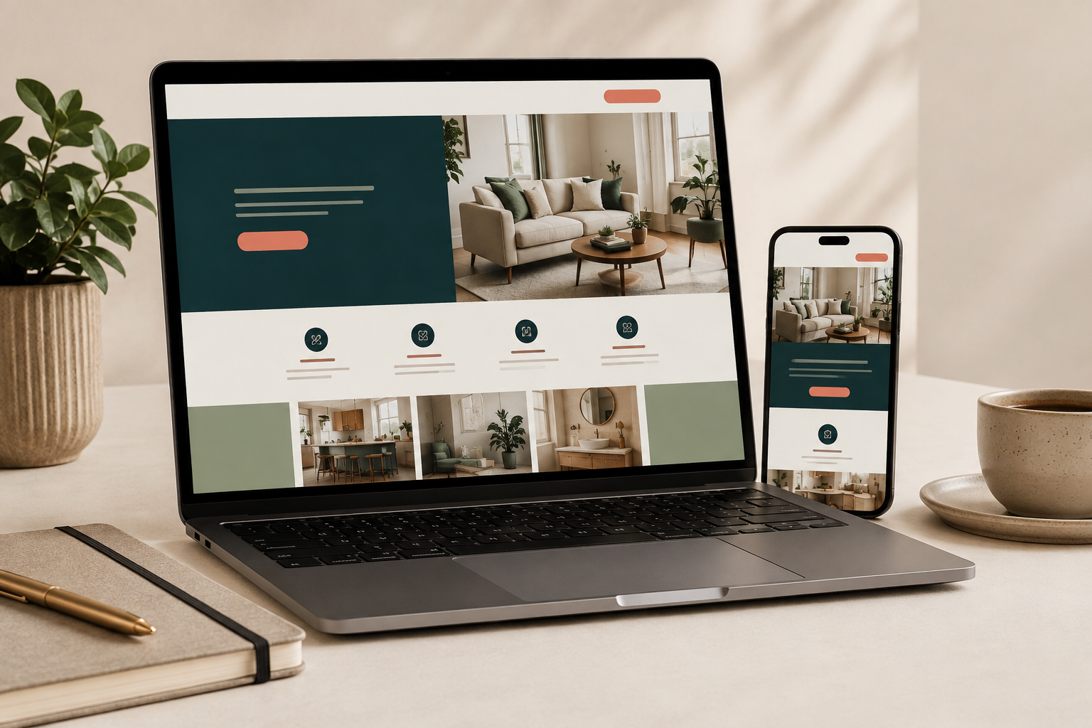 A finished one-page website shown on a laptop and a phone